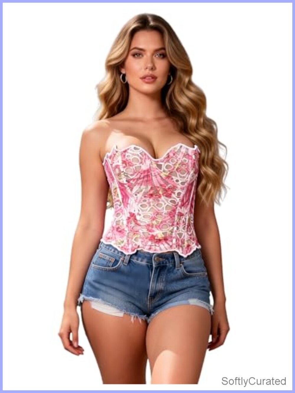 Floral Bones Print Hollow Bustier Corset Top with Lace-Up Back